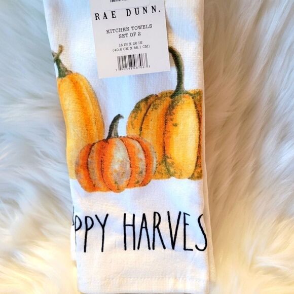 Rae Dunn Happy Harvest Kitchen towels set of 2 orange pumpkins 16in x 26in - Picture 10 of 11